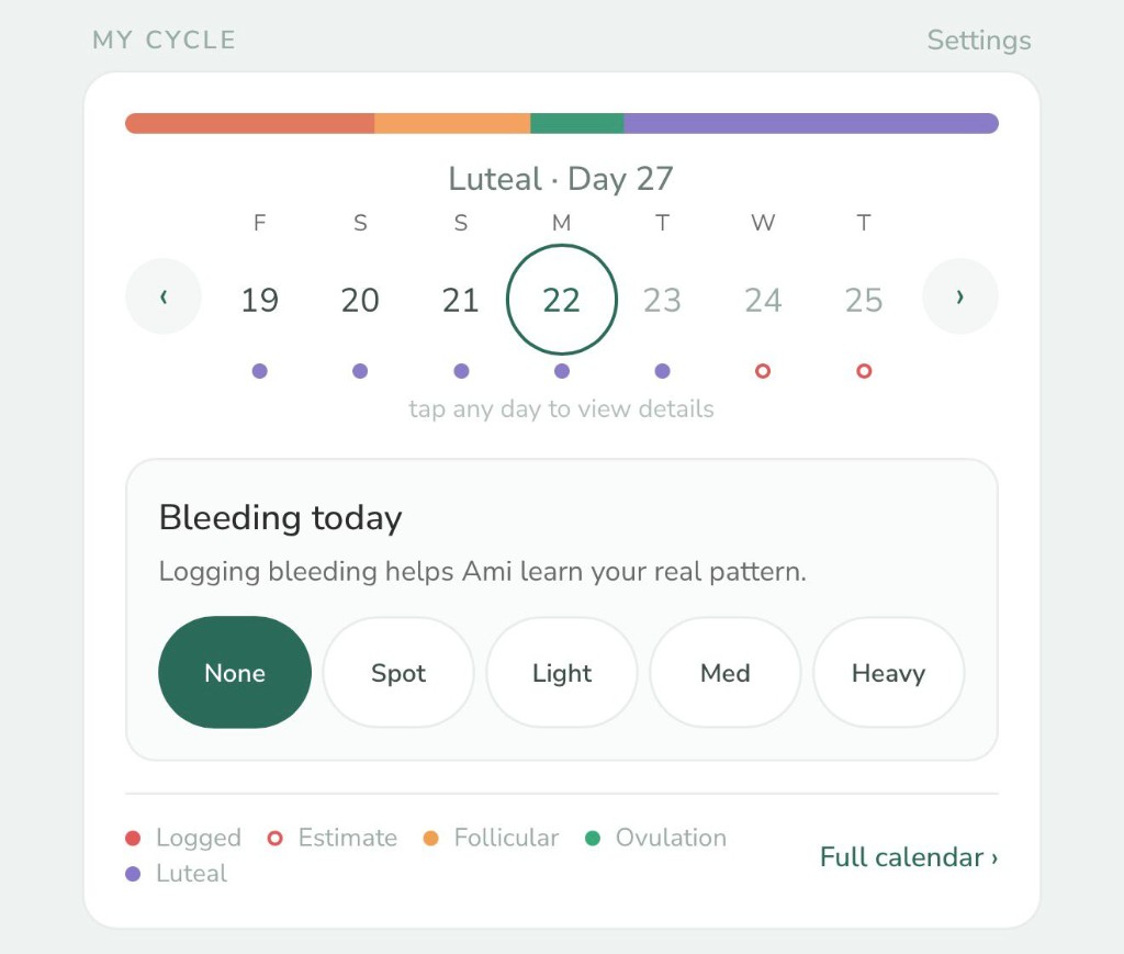 Ami cycle tracking screen