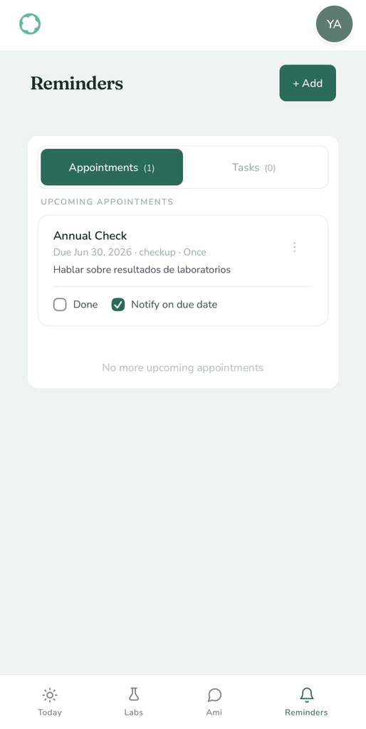 Ami reminders screen with upcoming appointment